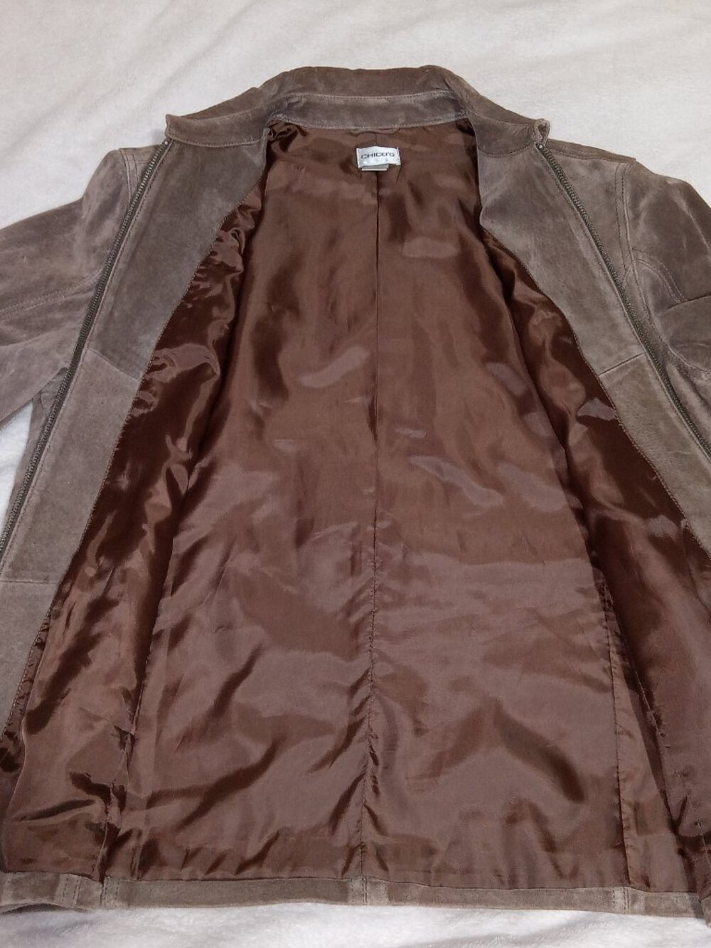 Chico's Brown Suede Leather Zip Jacket Women's Size 2 Large Lined Coat - Picture 14 of 14